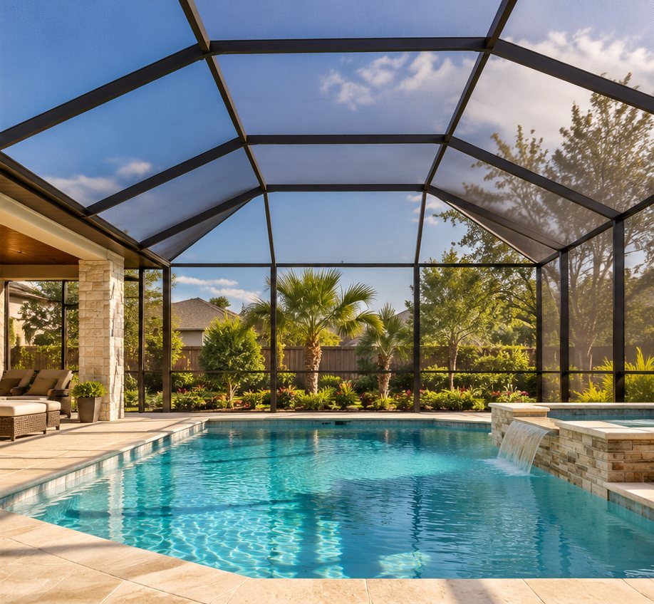 Screened pool enclosure with dark bronze frame over a pool, spa and travertine deck